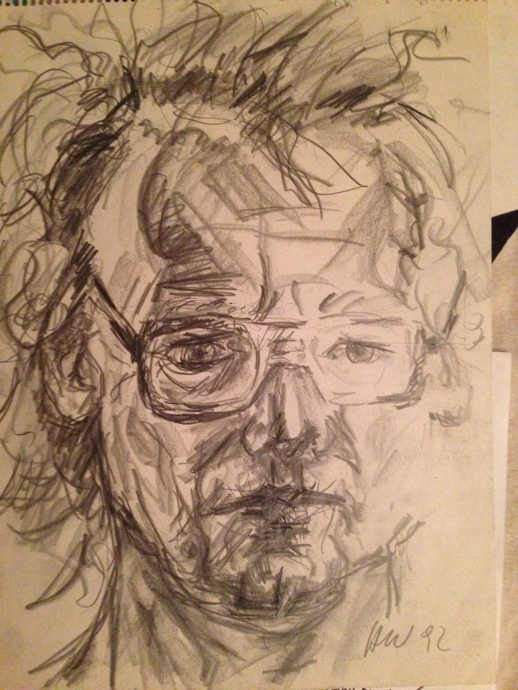 Selbstportrait 1992 Skizze eines Mannes mit unordentlichen Haaren und Brille, ausdrucksstarker Gesichtsausdruck.