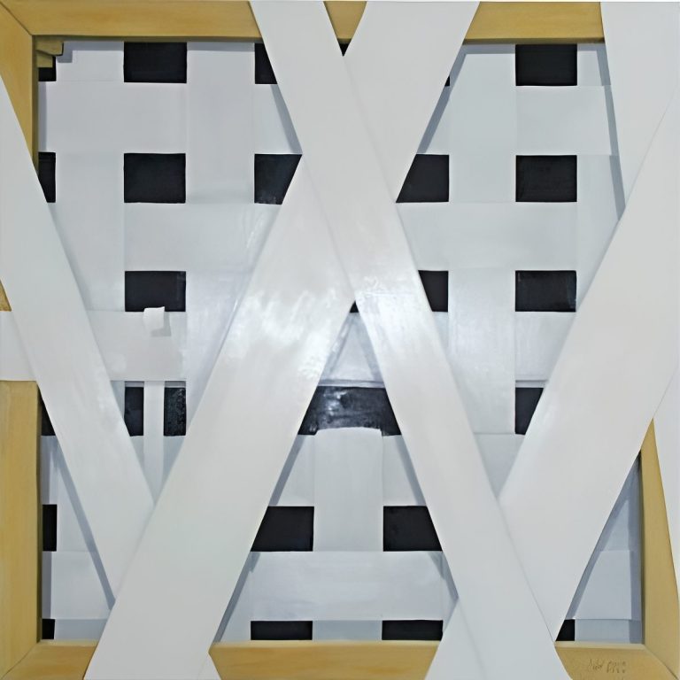 Bandagierte Leinwand Ein geometrisches Muster aus weißen und schwarzen Quadraten, umgeben von einem Holzrahmen.