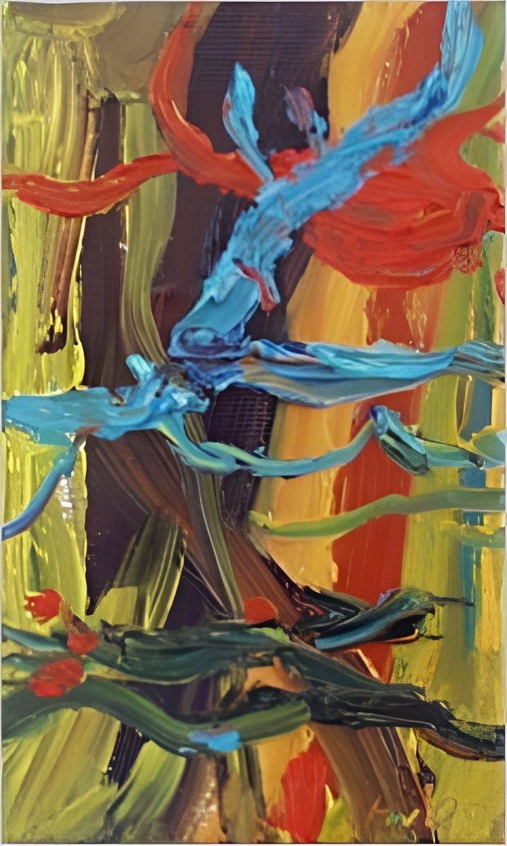 Januar 98 Farbenfrohes, abstraktes Gemälde mit kräftigen Pinselstrichen in Blau, Rot und Gelb.