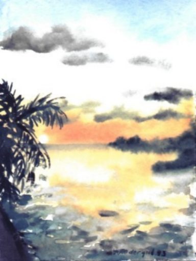 sunset auf Praslin Sonnenuntergang über dem Wasser mit Palmen im Vordergrund und sanften Wolken.