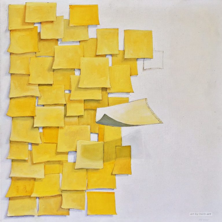 post it Gelbe Notizzellte lose hängend an der Leinwand, Im Vordergrund ein vorbeischwebender Zettel.