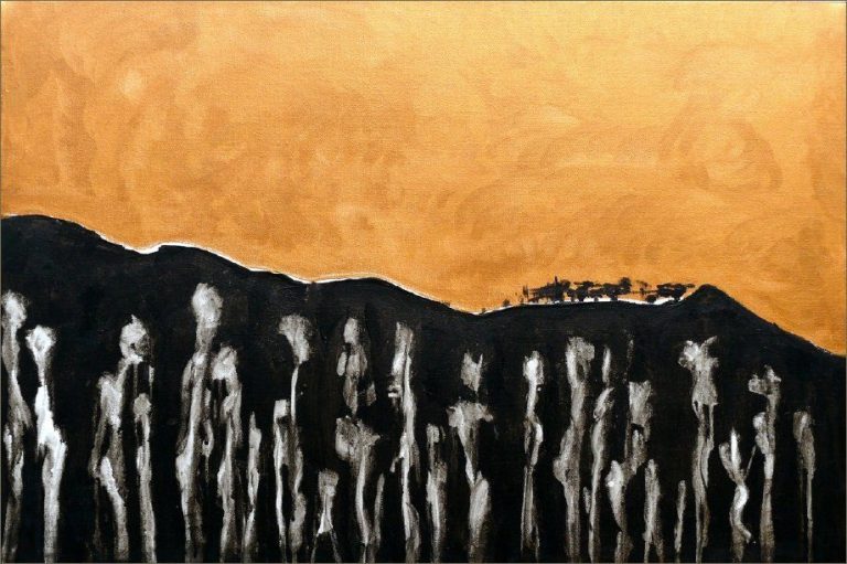 Schwarz-weiße Silhouetten von Bäumen vor einem orangefarbenen Himmel.