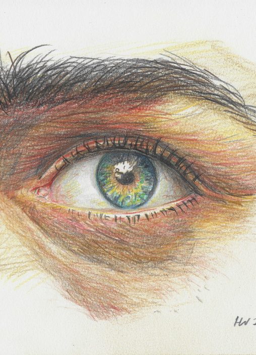 Auge Detailaufnahme eines menschlichen Auges mit buntem Iris und braunen Augenlidern.