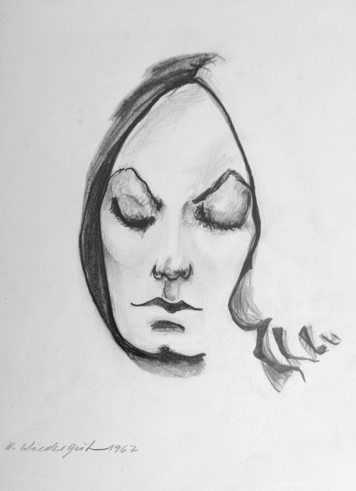 Studie - Mädchen 1967 Skizze eines nachdenklichen Gesichts mit geschlossenen Augen und sanften Linien.