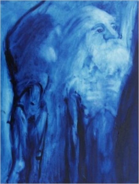 Blauer Prophet Ein abstraktes Gemälde in Blau, das eine weise, alte Figur darstellt.