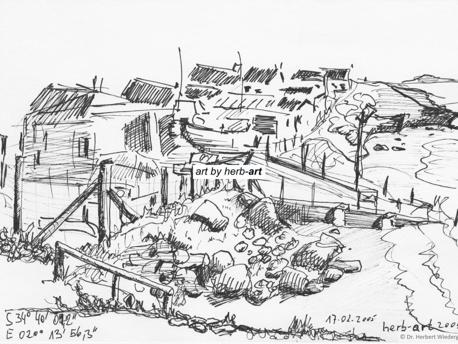 Arniston Skizze eines Dorfes mit Häusern, Booten und einer Steinhügel-Landschaft.