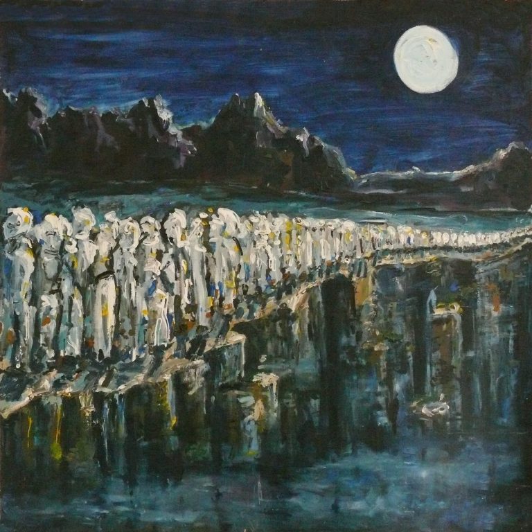 Im Internat Zwei stilisierte Figuren in blauen und grünen Tönen mit melancholischem Ausdruck.
