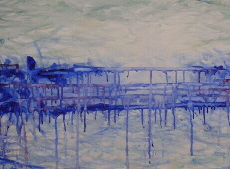 cell bridge Abstrakte Malerei mit blauen und grünen Farbtönen, die eine unscharfe Landschaft darstellt.