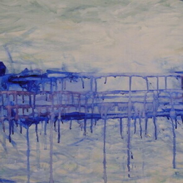 cell bridge Abstrakte Malerei mit blauen und grünen Farbtönen, die eine unscharfe Landschaft darstellt.